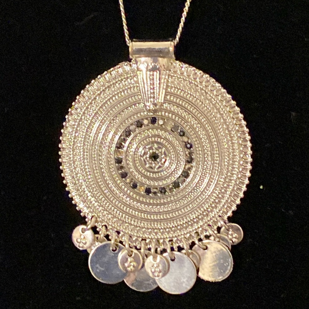 Charming Charlie Long Chain Medallion Pendant Necklace Silvertone - Picture 2 of 14